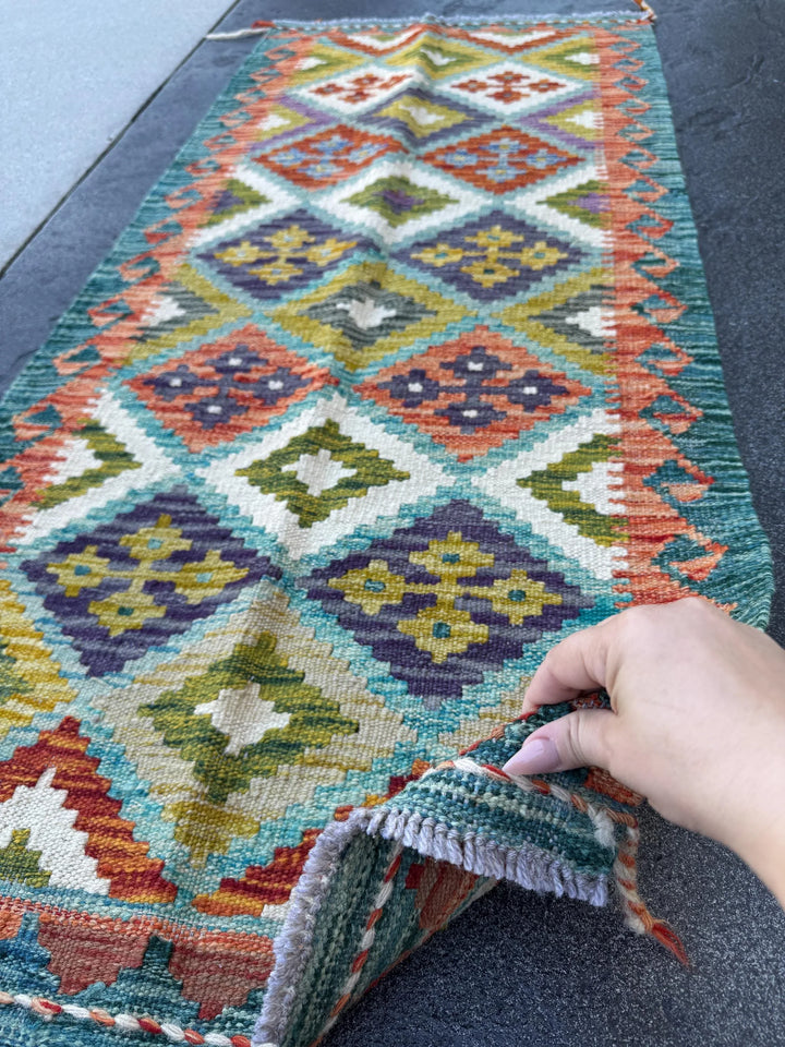 2x5 Handmade Afghan Kilim Runner Rug | Teal Aqua Blue Rust Red Burnt Orange Mustard Yellow Olive Green Cream White Navy Purple Grey | Wool