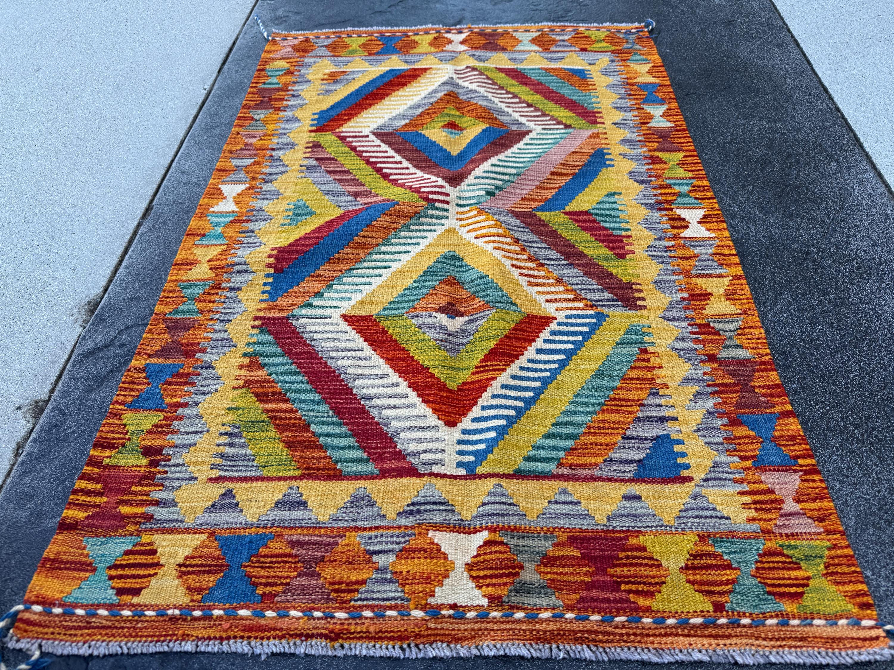 3x4 Handmade Afghan Kilim Rug | Burnt Orange Rust Red Mustard Yellow Cream White Olive Green Teal Aqua Blue Navy Purple Grey | Flatwoven