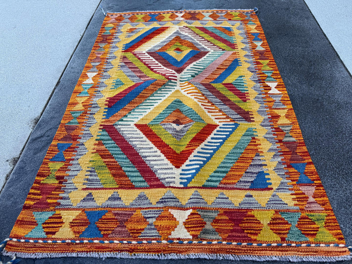 3x4 Handmade Afghan Kilim Rug | Burnt Orange Rust Red Mustard Yellow Cream White Olive Green Teal Aqua Blue Navy Purple Grey | Flatwoven