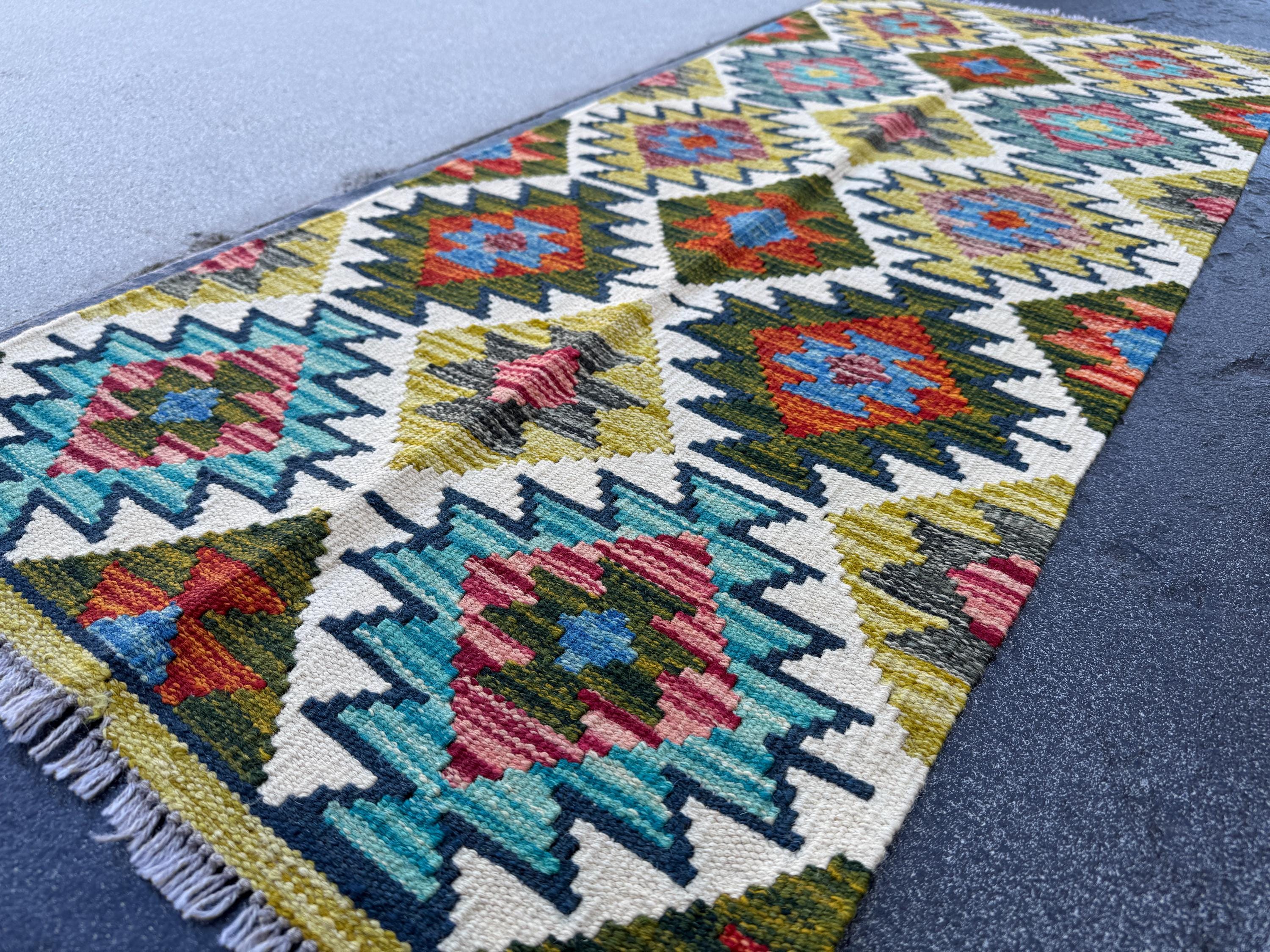 2x5 Handmade Afghan Kilim Runner Rug | Olive Green Mustard Yellow Rust Red Burnt Orange Teal Aqua Blue Cream White Navy Grey | Flatwoven