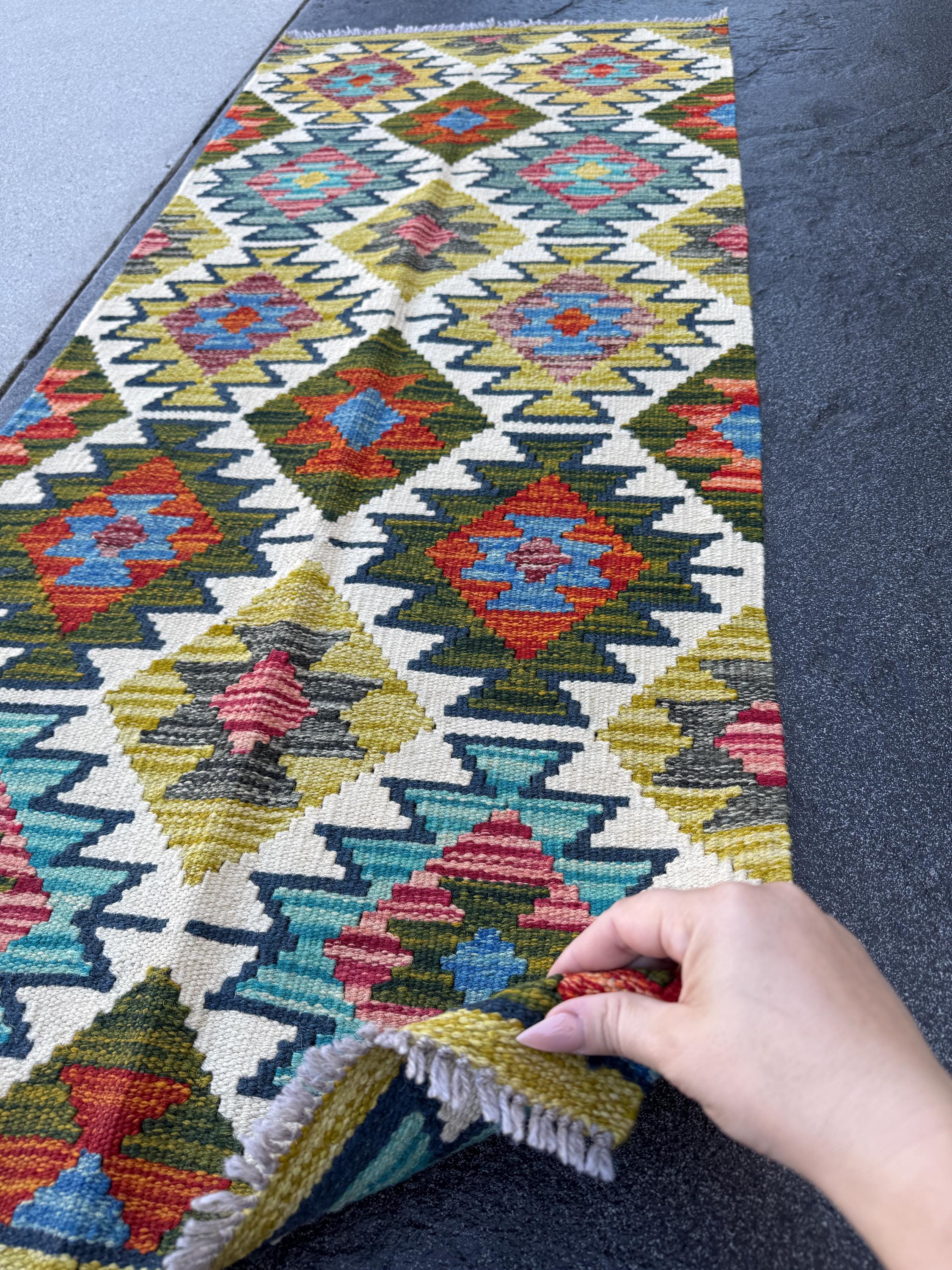 2x5 Handmade Afghan Kilim Runner Rug | Olive Green Mustard Yellow Rust Red Burnt Orange Teal Aqua Blue Cream White Navy Grey | Flatwoven