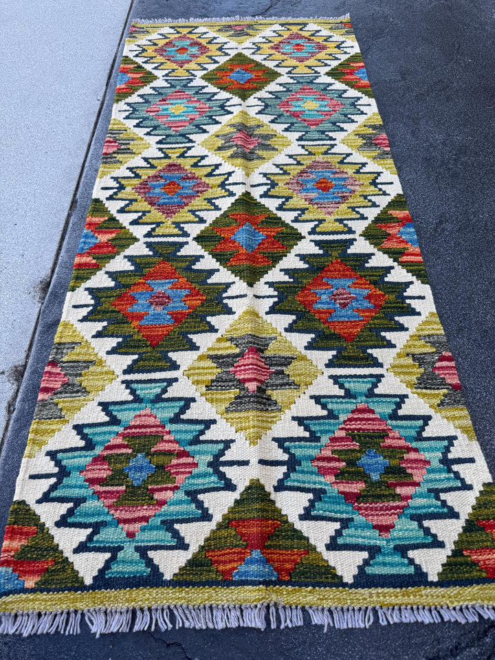 2x5 Handmade Afghan Kilim Runner Rug | Olive Green Mustard Yellow Rust Red Burnt Orange Teal Aqua Blue Cream White Navy Grey | Flatwoven