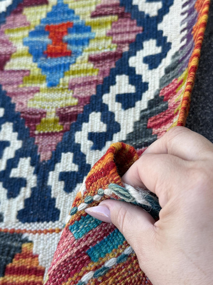 2x5 Handmade Afghan Kilim Runner Rug | Navy Rust Red Burnt Orange Cream White Mustard Yellow Olive Green Teal Aqua Blue Purple Grey | Wool