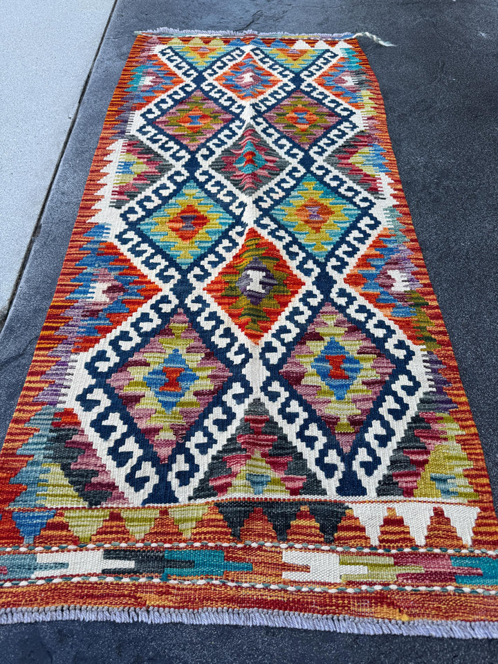 2x5 Handmade Afghan Kilim Runner Rug | Navy Rust Red Burnt Orange Cream White Mustard Yellow Olive Green Teal Aqua Blue Purple Grey | Wool