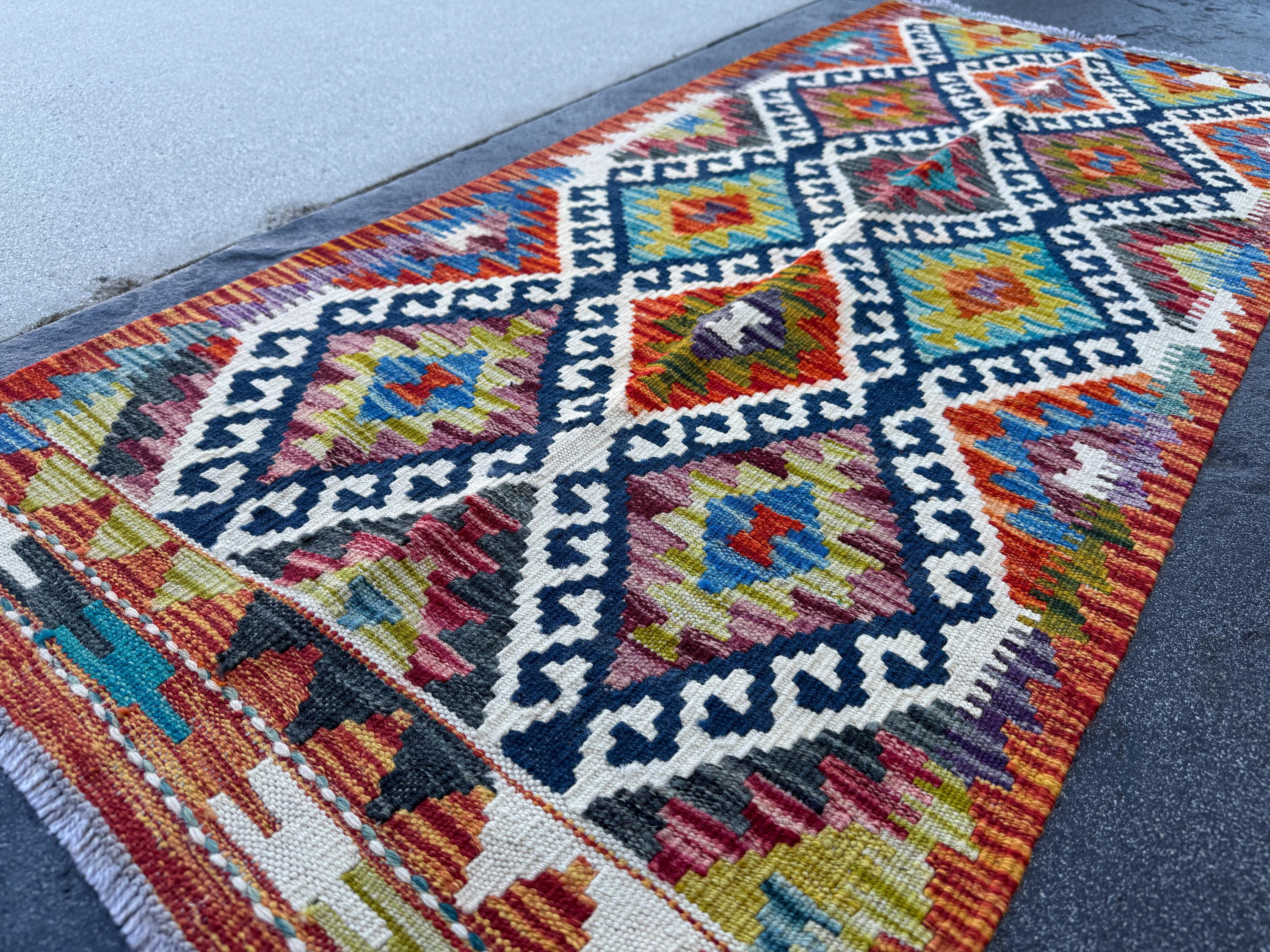 2x5 Handmade Afghan Kilim Runner Rug | Navy Rust Red Burnt Orange Cream White Mustard Yellow Olive Green Teal Aqua Blue Purple Grey | Wool
