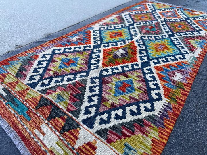 2x5 Handmade Afghan Kilim Runner Rug | Navy Rust Red Burnt Orange Cream White Mustard Yellow Olive Green Teal Aqua Blue Purple Grey | Wool