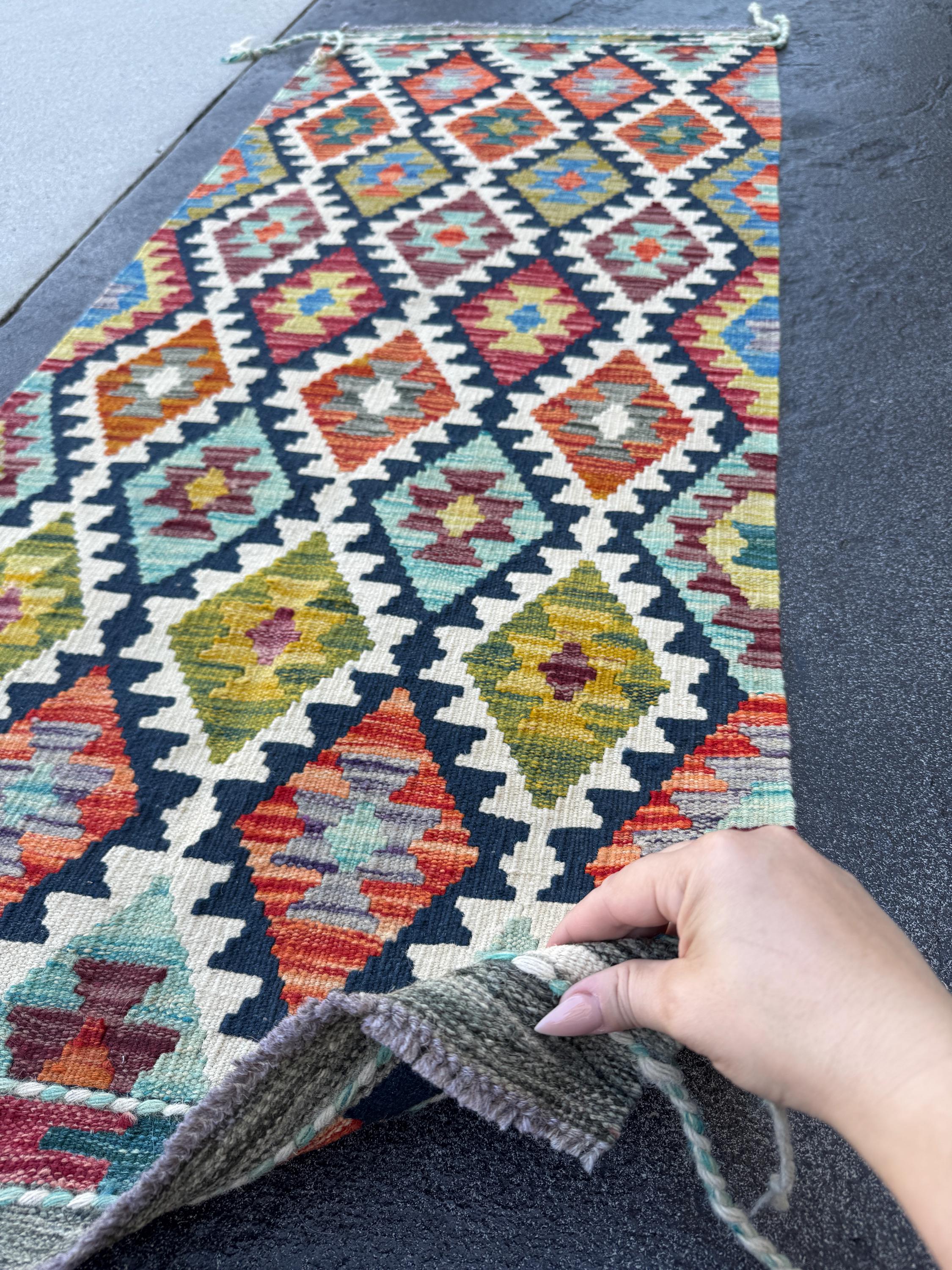 2x5 Handmade Afghan Kilim Runner Rug | Navy Cream White Rust Red Burnt Orange Mustard Yellow Olive Green Teal Aqua Blue Purple Grey | Wool