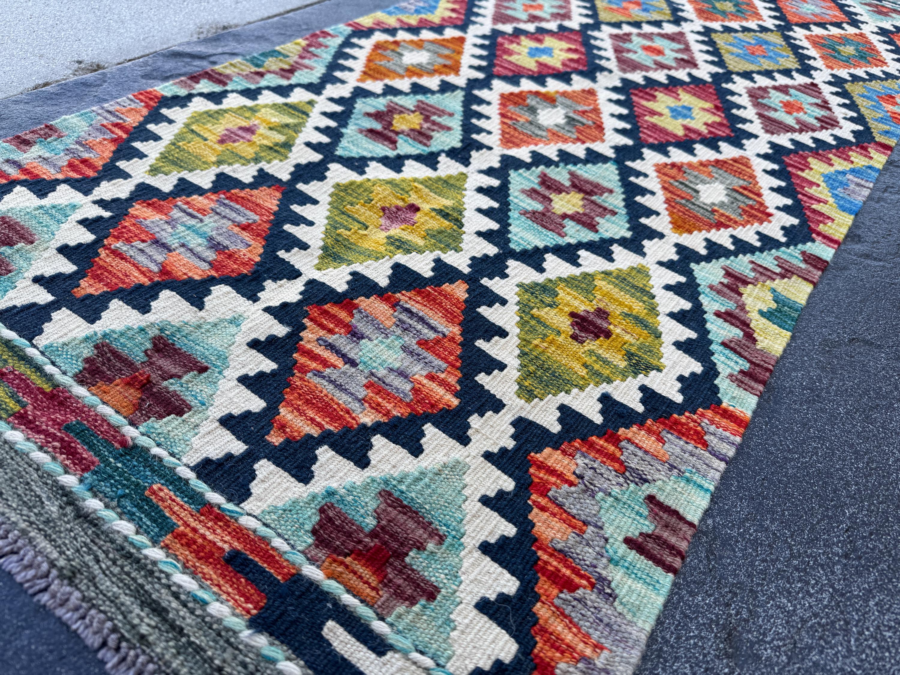 2x5 Handmade Afghan Kilim Runner Rug | Navy Cream White Rust Red Burnt Orange Mustard Yellow Olive Green Teal Aqua Blue Purple Grey | Wool