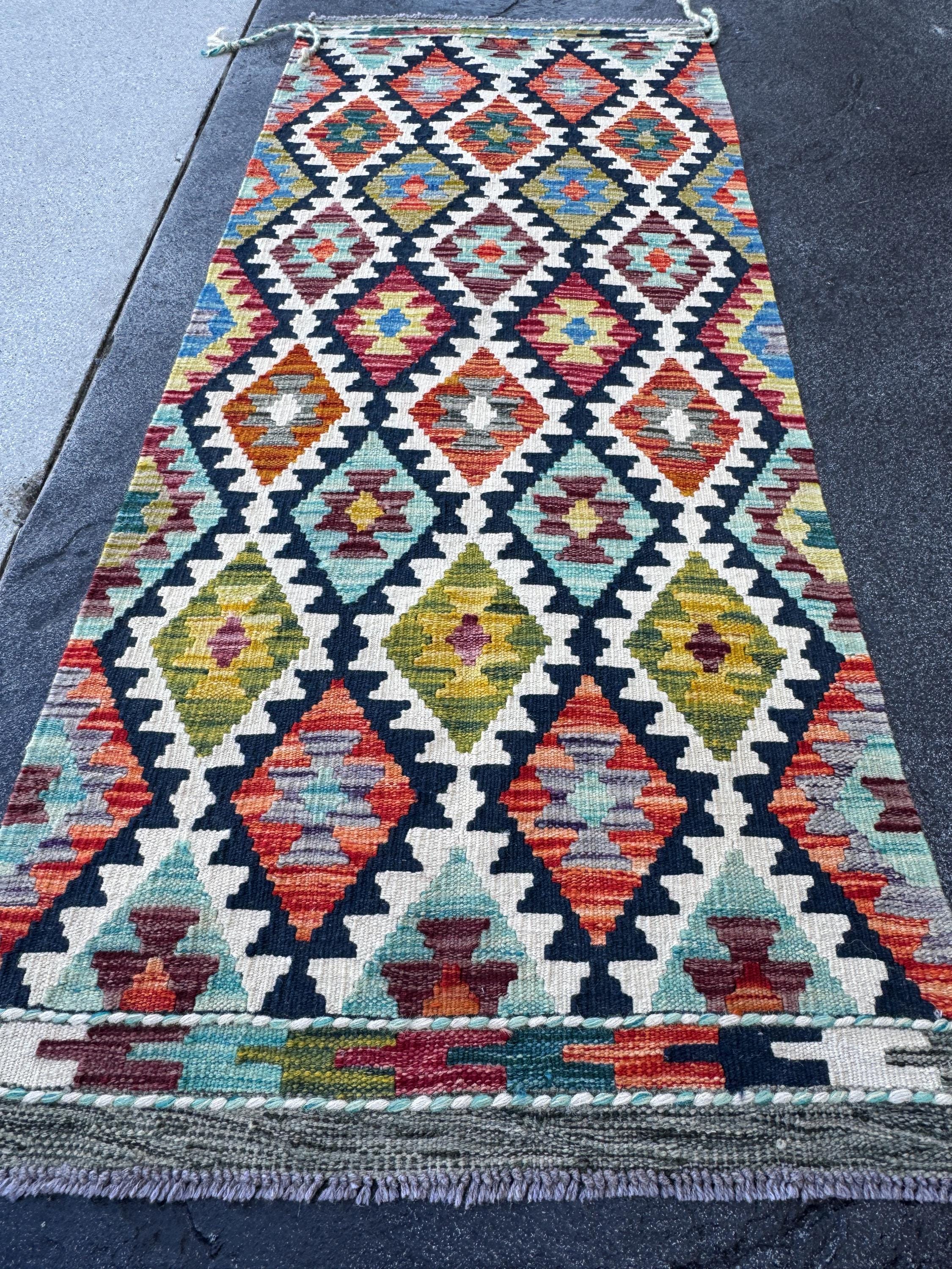 2x5 Handmade Afghan Kilim Runner Rug | Navy Cream White Rust Red Burnt Orange Mustard Yellow Olive Green Teal Aqua Blue Purple Grey | Wool