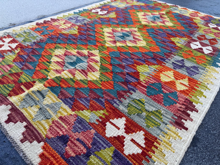 3x4 Handmade Afghan Kilim Rug | Rust Red Burnt Orange Mustard Yellow Olive Green Teal Aqua Blue Navy Purple Grey Cream White | Flatwoven