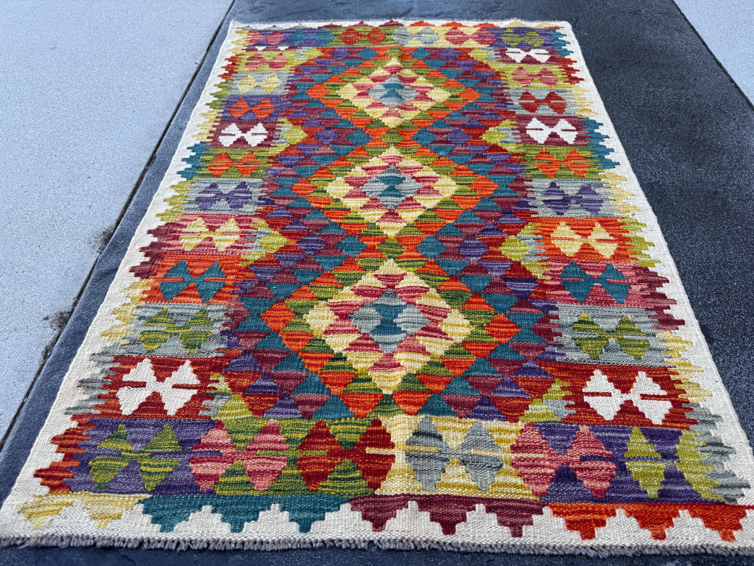 3x4 Handmade Afghan Kilim Rug | Rust Red Burnt Orange Mustard Yellow Olive Green Teal Aqua Blue Navy Purple Grey Cream White | Flatwoven