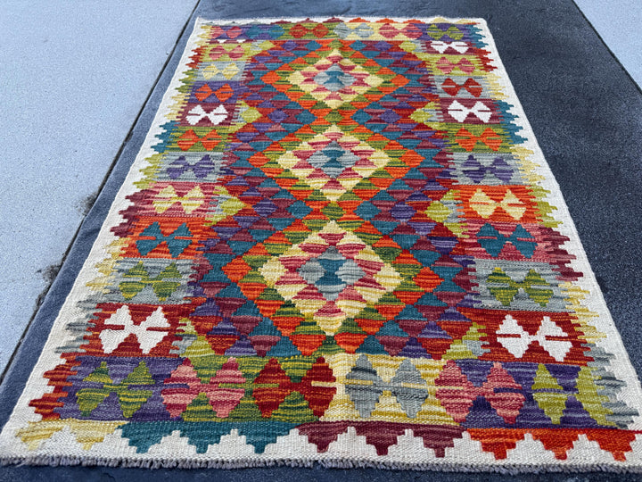 3x4 Handmade Afghan Kilim Rug | Rust Red Burnt Orange Mustard Yellow Olive Green Teal Aqua Blue Navy Purple Grey Cream White | Flatwoven