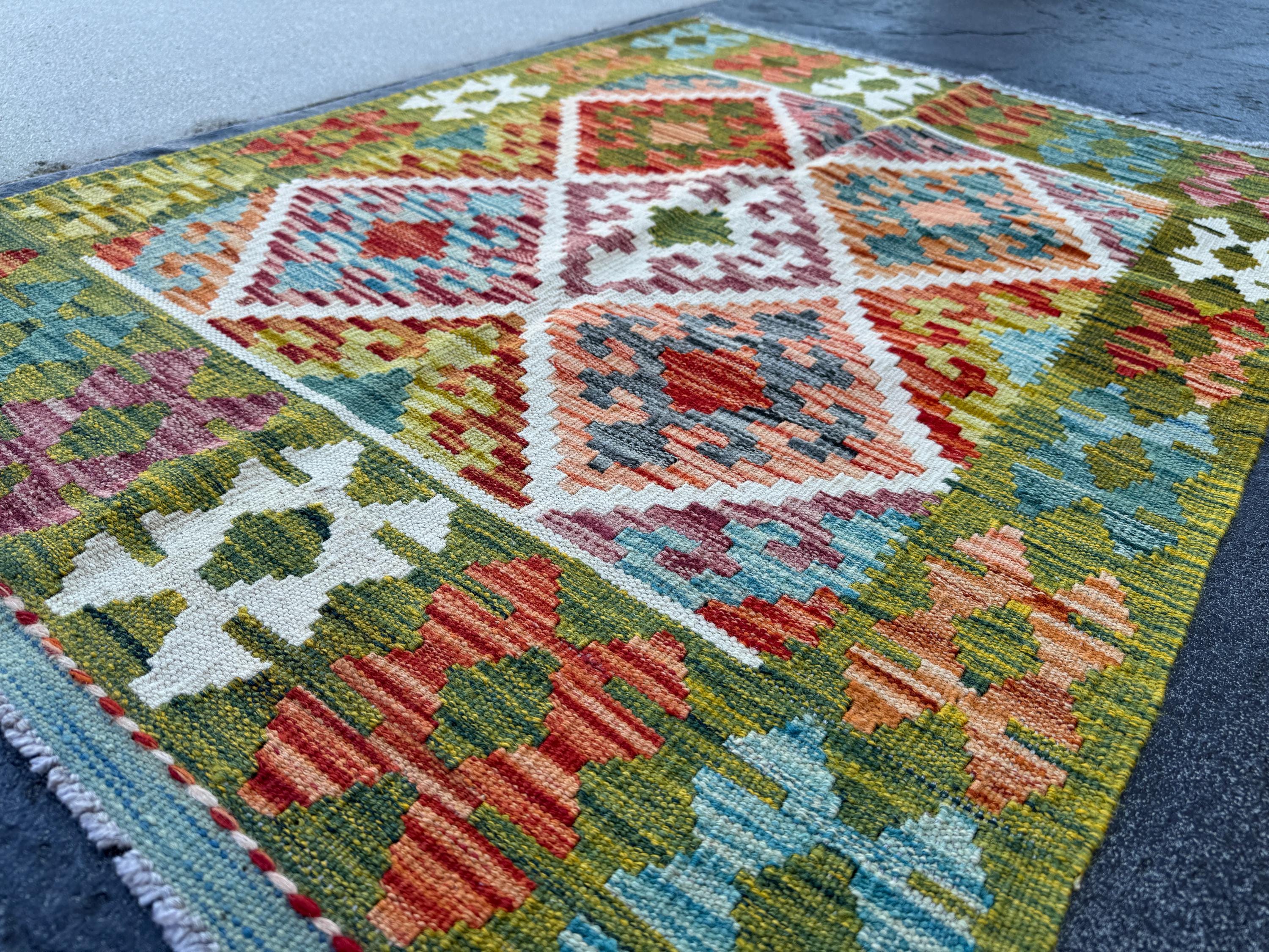 3x4 Handmade Afghan Kilim Rug | Olive Green Rust Red Burnt Orange Mustard Yellow Cream White Teal Aqua Blue Navy Purple Grey | Flatwoven