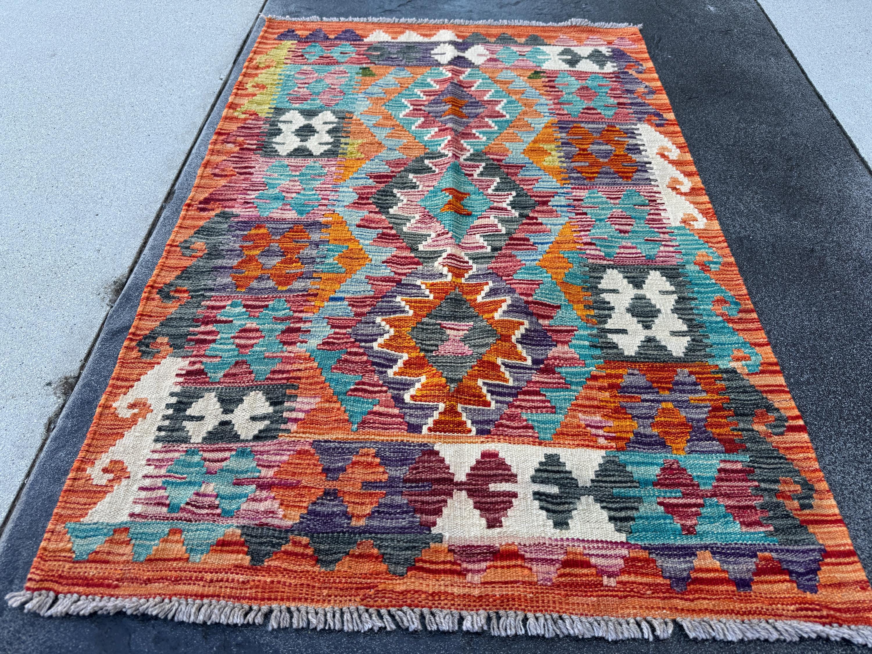3x4 Handmade Afghan Kilim Rug | Burnt Orange Rust Red Cream White Mustard Yellow Olive Green Teal Aqua Blue Navy Purple Grey | Flatwoven