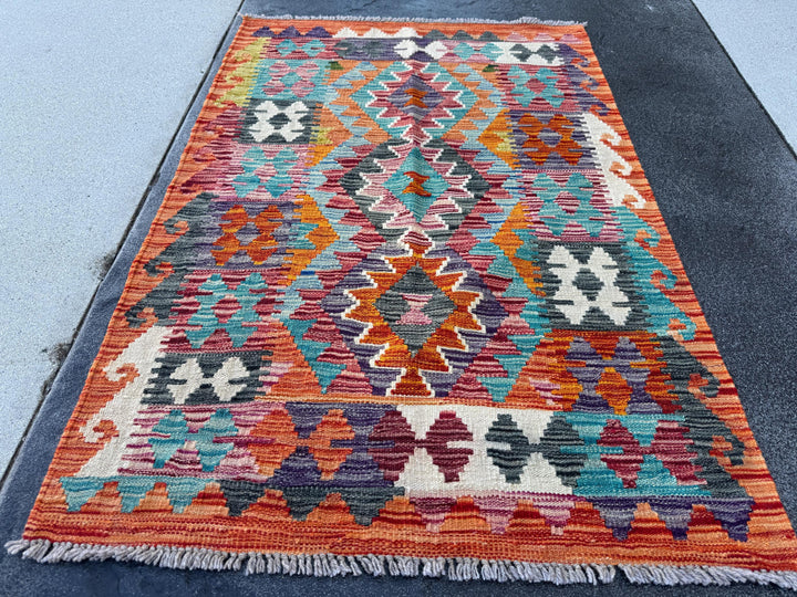 3x4 Handmade Afghan Kilim Rug | Burnt Orange Rust Red Cream White Mustard Yellow Olive Green Teal Aqua Blue Navy Purple Grey | Flatwoven