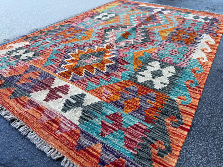 3x4 Handmade Afghan Kilim Rug | Burnt Orange Rust Red Cream White Mustard Yellow Olive Green Teal Aqua Blue Navy Purple Grey | Flatwoven
