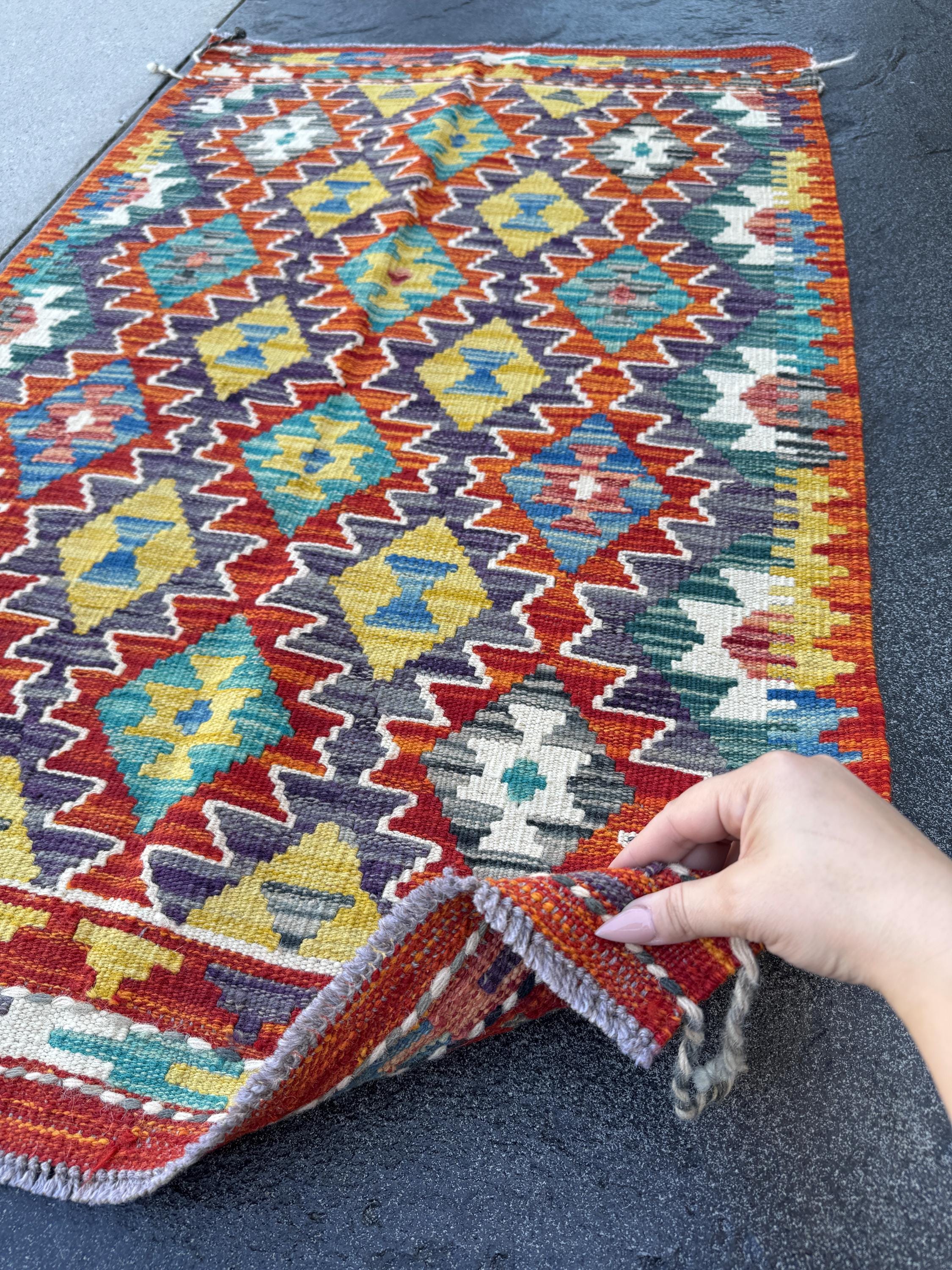 3x4 Handmade Afghan Kilim Rug | Burnt Orange Rust Red Cream White Mustard Yellow Olive Green Teal Aqua Blue Navy Purple Grey | Flatwoven