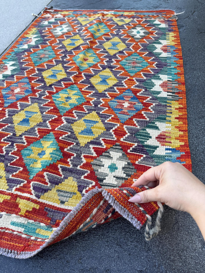 3x4 Handmade Afghan Kilim Rug | Burnt Orange Rust Red Cream White Mustard Yellow Olive Green Teal Aqua Blue Navy Purple Grey | Flatwoven