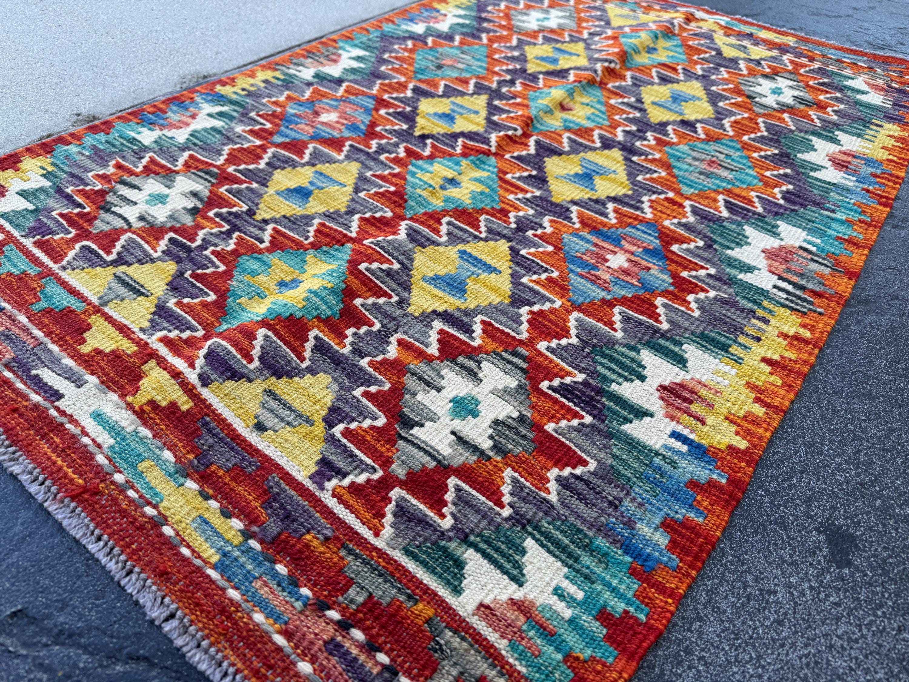 3x4 Handmade Afghan Kilim Rug | Burnt Orange Rust Red Cream White Mustard Yellow Olive Green Teal Aqua Blue Navy Purple Grey | Flatwoven