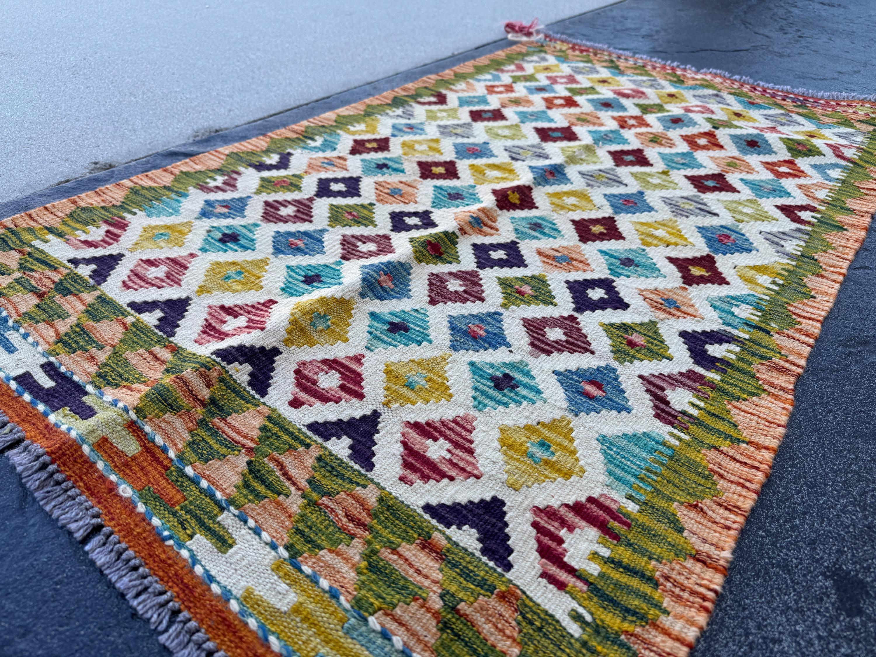 3x4 Handmade Afghan Kilim Rug | Cream White Rust Red Burnt Orange Mustard Yellow Olive Green Teal Aqua Blue Navy Purple Grey | Flatwoven