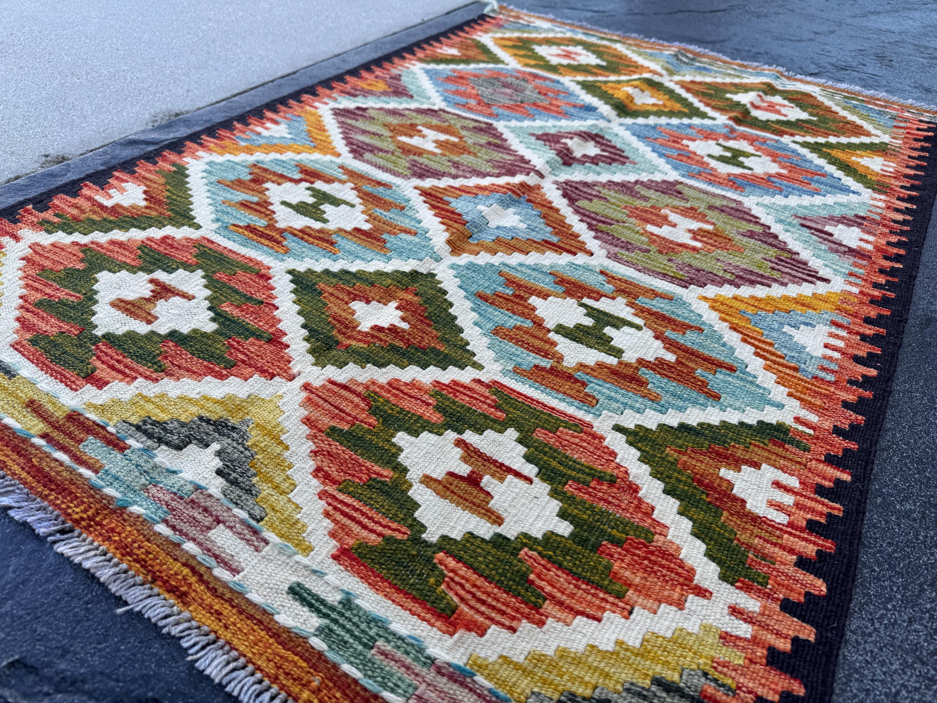 3x4 Handmade Afghan Kilim Rug | Olive Green Rust Red Burnt Orange Cream White Mustard Yellow Teal Aqua Blue Navy Purple Grey | Flatwoven