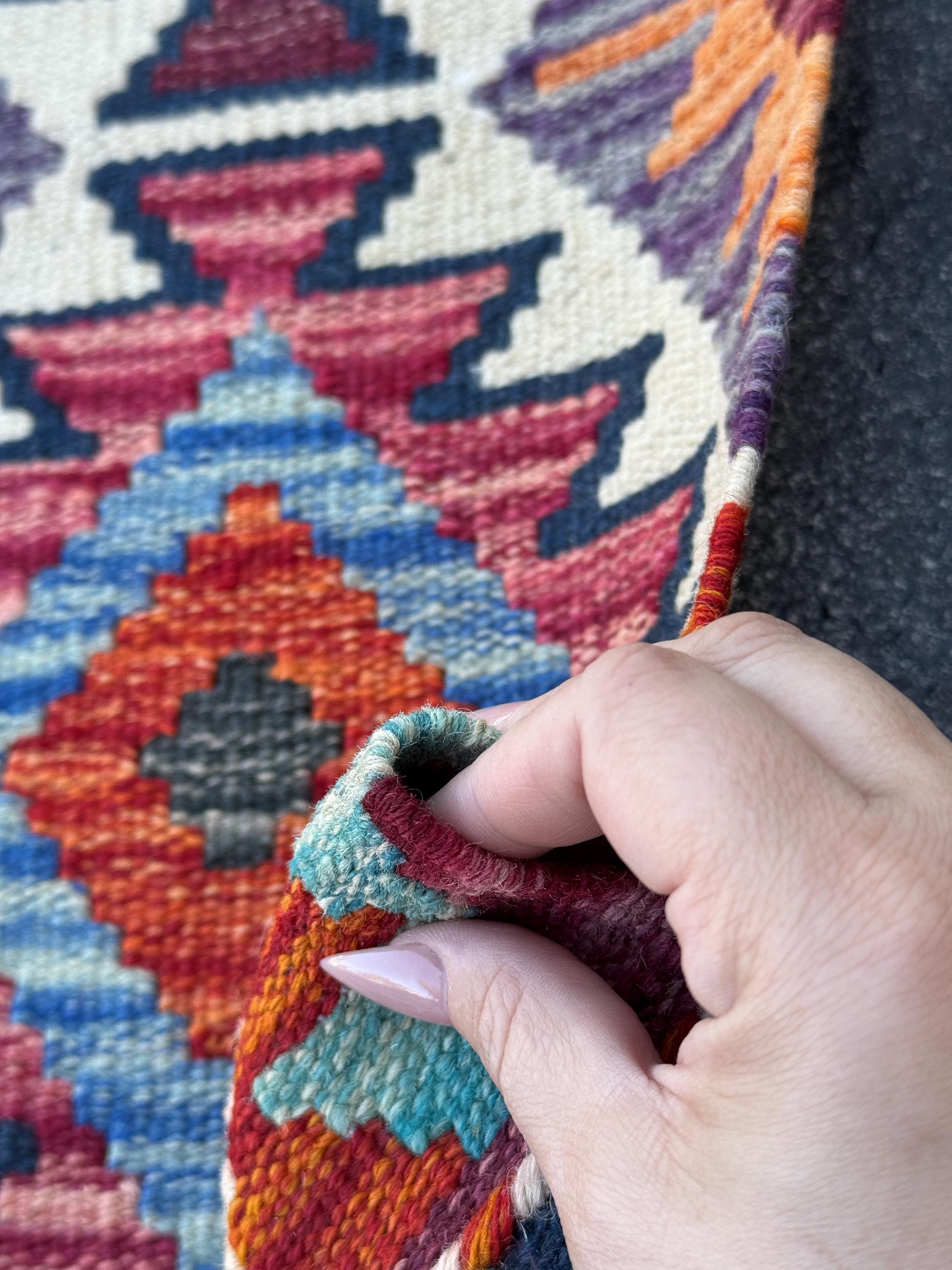 2x5 Handmade Afghan Kilim Runner Rug | Rust Red Burnt Orange Cream White Mustard Yellow Olive Green Teal Aqua Blue Navy Purple Grey | Wool
