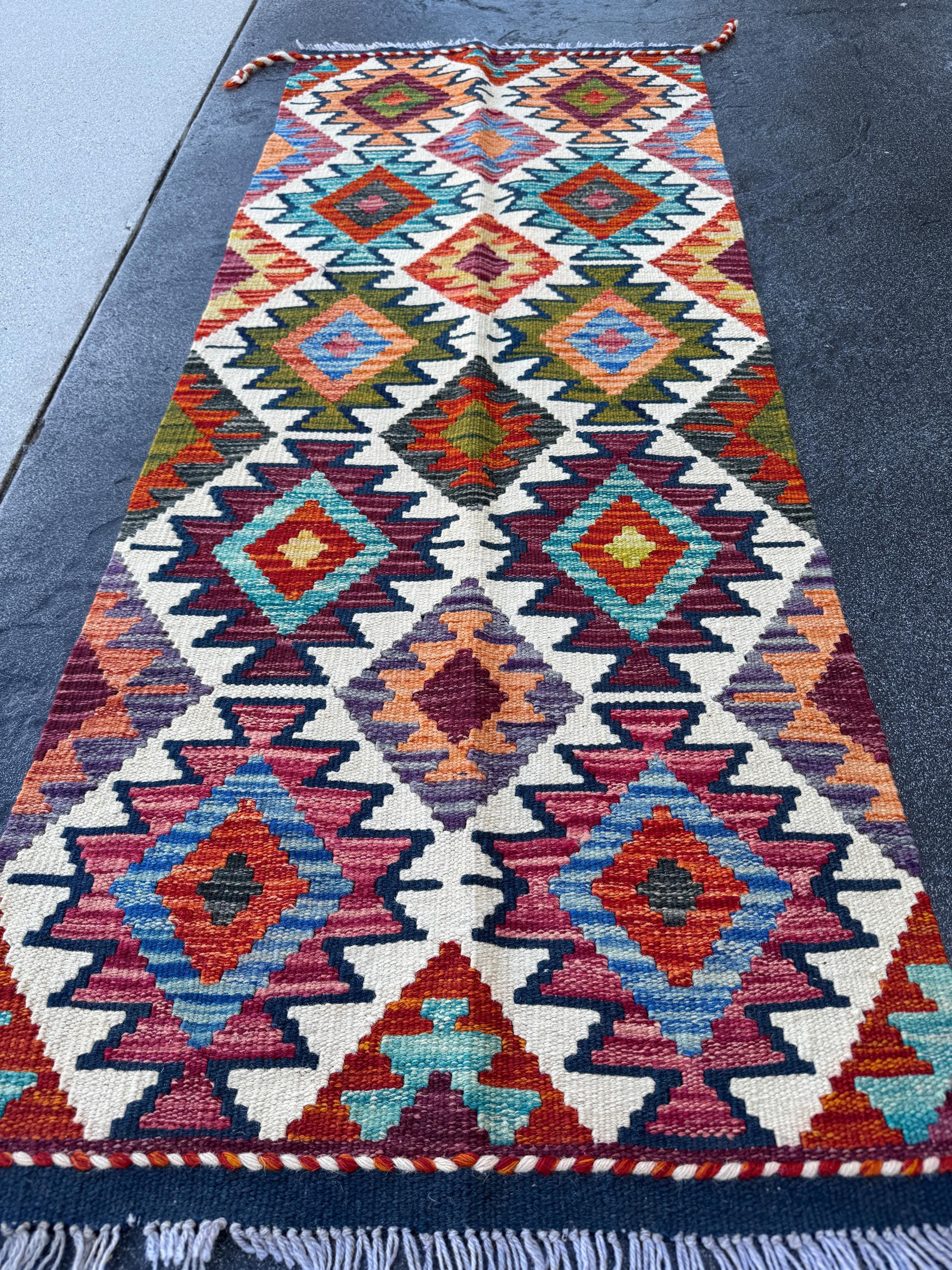 2x5 Handmade Afghan Kilim Runner Rug | Rust Red Burnt Orange Cream White Mustard Yellow Olive Green Teal Aqua Blue Navy Purple Grey | Wool