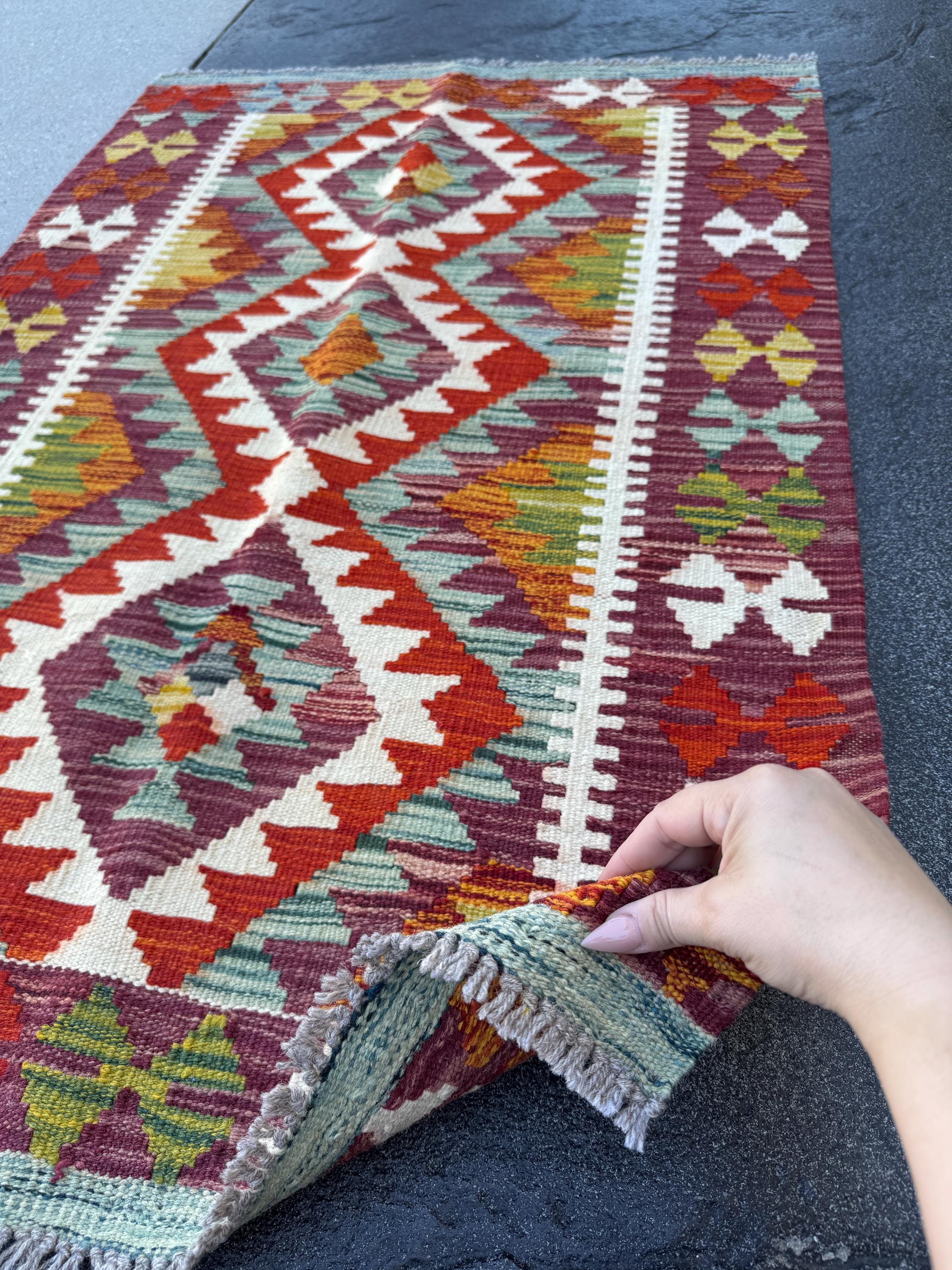 3x4 Handmade Afghan Kilim Rug | Burgundy Rust Red Burnt Orange Cream White Mustard Yellow Olive Green Teal Aqua Blue Grey | Flatwoven