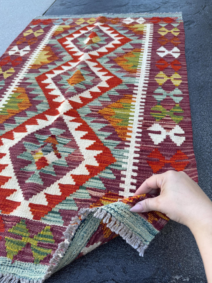 3x4 Handmade Afghan Kilim Rug | Burgundy Rust Red Burnt Orange Cream White Mustard Yellow Olive Green Teal Aqua Blue Grey | Flatwoven