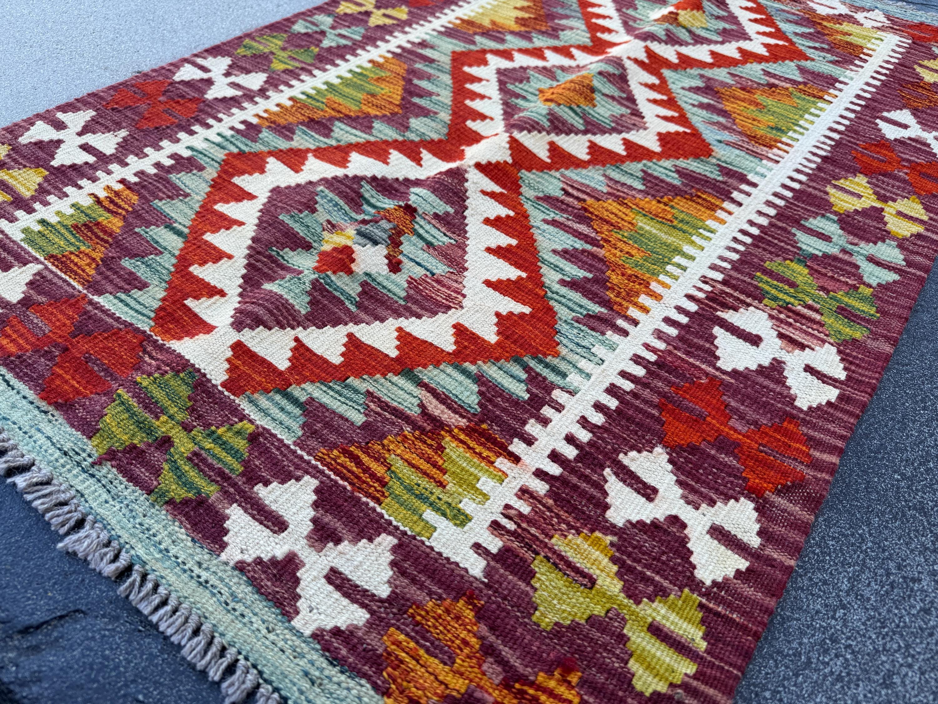 3x4 Handmade Afghan Kilim Rug | Burgundy Rust Red Burnt Orange Cream White Mustard Yellow Olive Green Teal Aqua Blue Grey | Flatwoven
