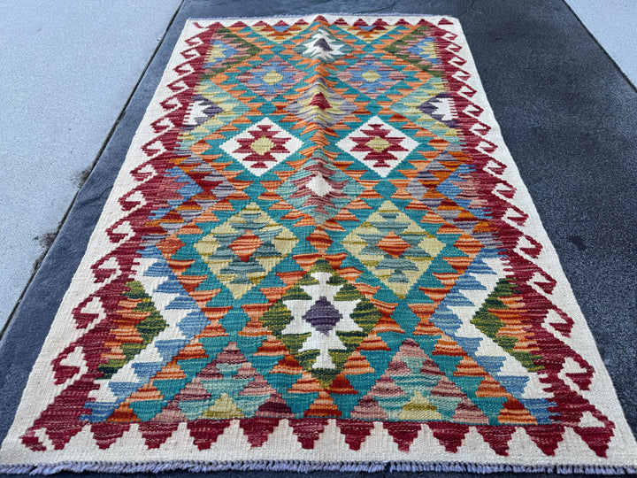 3x4 Handmade Afghan Kilim Rug | Cream White Teal Aqua Rust Red Burnt Orange Mustard Yellow Olive Green Navy Purple Grey | Wool Flatwoven
