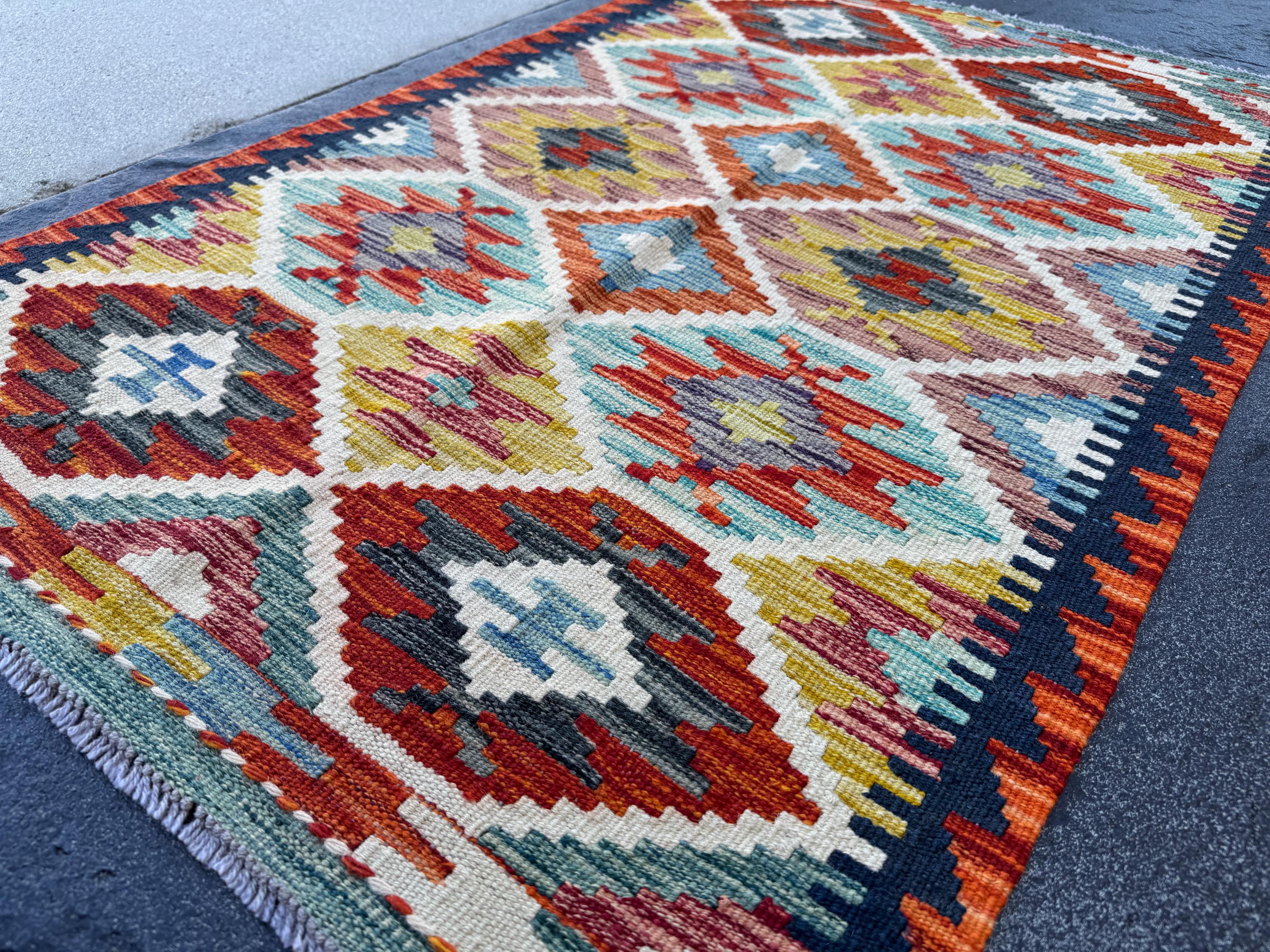 3x4 Handmade Afghan Kilim Rug | Rust Red Burnt Orange Cream White Mustard Yellow Olive Green Teal Aqua Blue Navy Purple Grey | Flatwoven