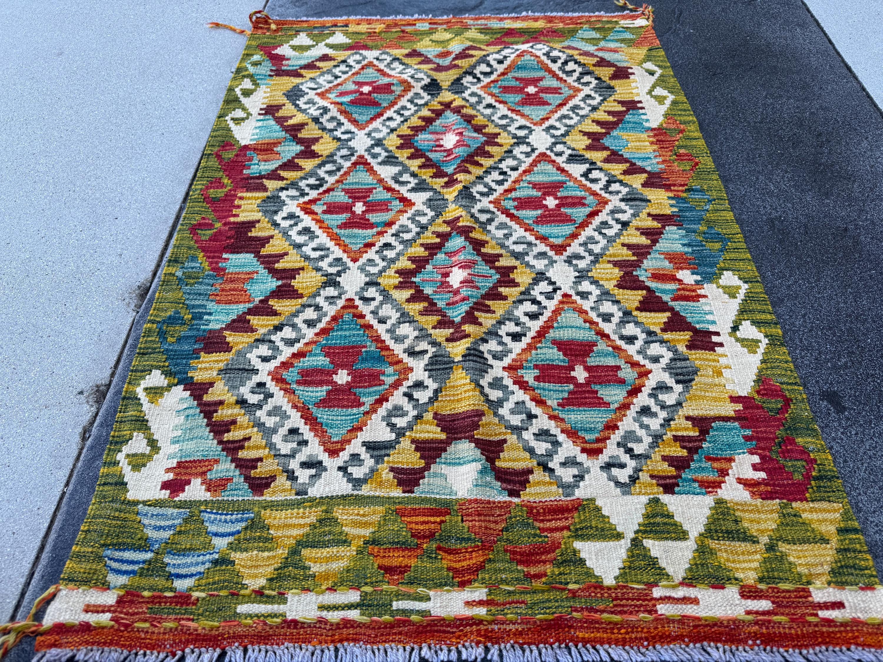 3x4 Handmade Afghan Kilim Rug | Mustard Yellow Rust Red Cream White Olive Green Teal Aqua Blue Burgundy Purple Grey | Wool Flatwoven