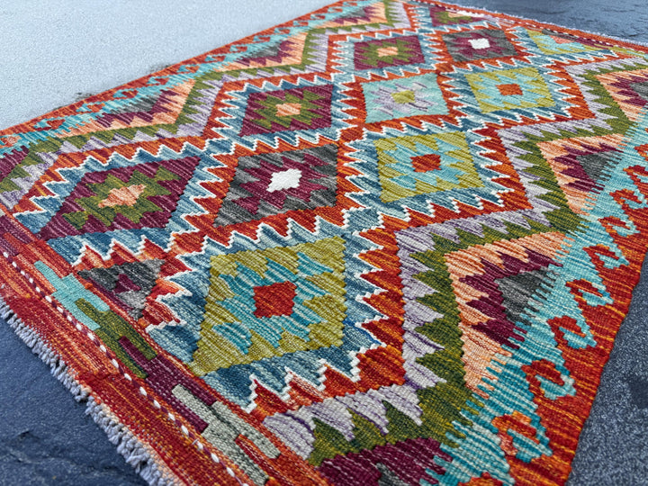 3x4 Handmade Afghan Kilim Rug | Rust Red Burnt Orange Mustard Yellow Olive Green Teal Aqua Blue Purple Grey Cream White | Wool Flatwoven