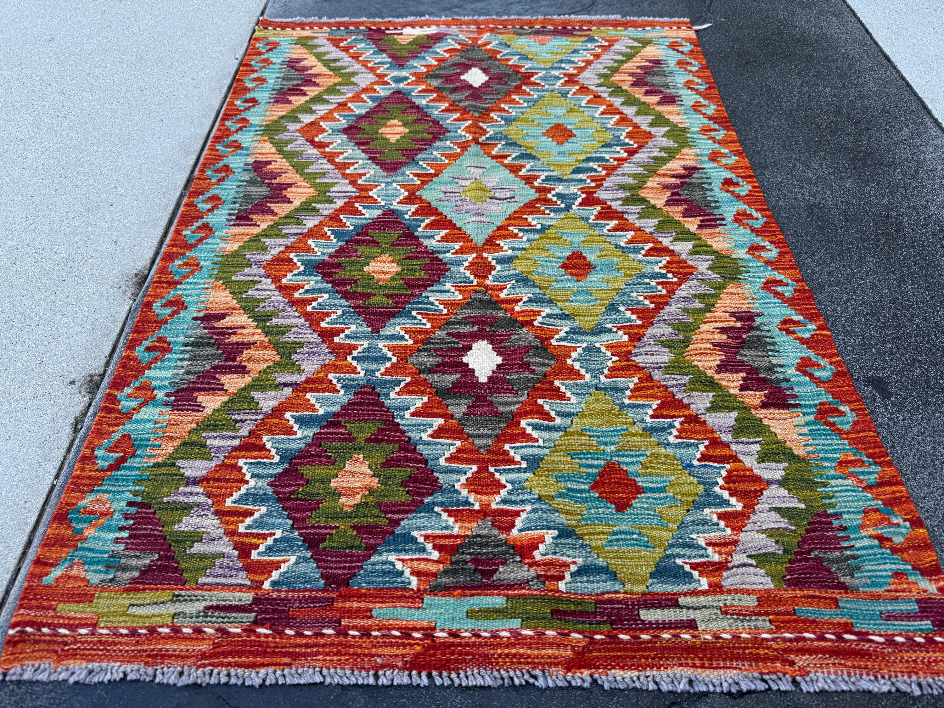 3x4 Handmade Afghan Kilim Rug | Rust Red Burnt Orange Mustard Yellow Olive Green Teal Aqua Blue Purple Grey Cream White | Wool Flatwoven