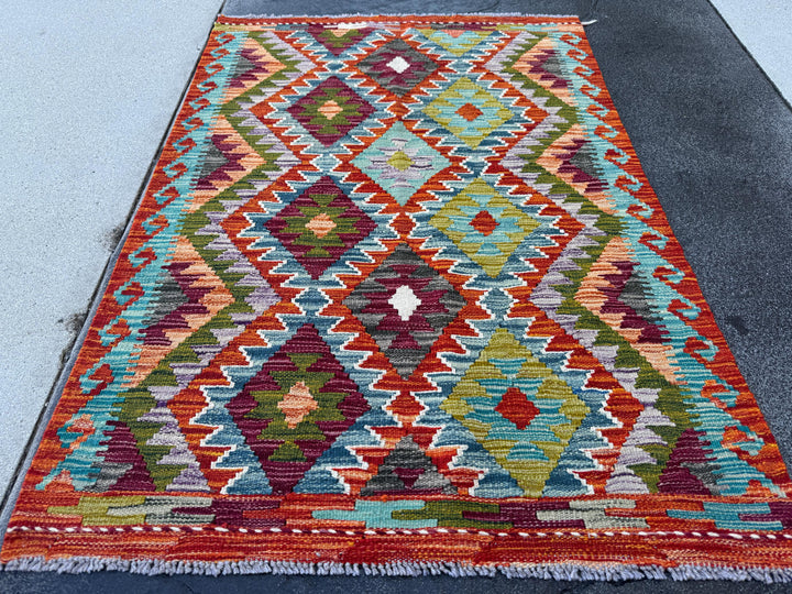 3x4 Handmade Afghan Kilim Rug | Rust Red Burnt Orange Mustard Yellow Olive Green Teal Aqua Blue Purple Grey Cream White | Wool Flatwoven