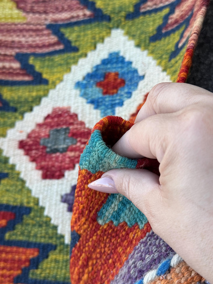 2x5 Handmade Afghan Kilim Runner Rug | Rust Red Burnt Orange Mustard Yellow Olive Green Cream White Teal Aqua Blue Navy Purple Grey | Wool