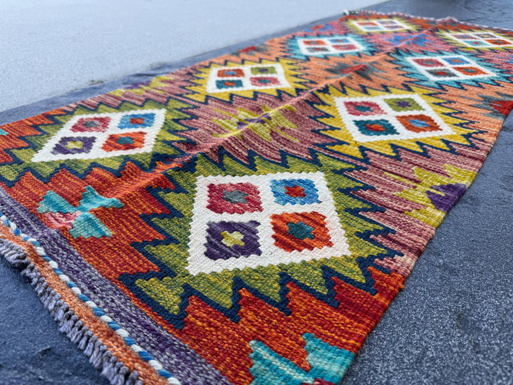 2x5 Handmade Afghan Kilim Runner Rug | Rust Red Burnt Orange Mustard Yellow Olive Green Cream White Teal Aqua Blue Navy Purple Grey | Wool