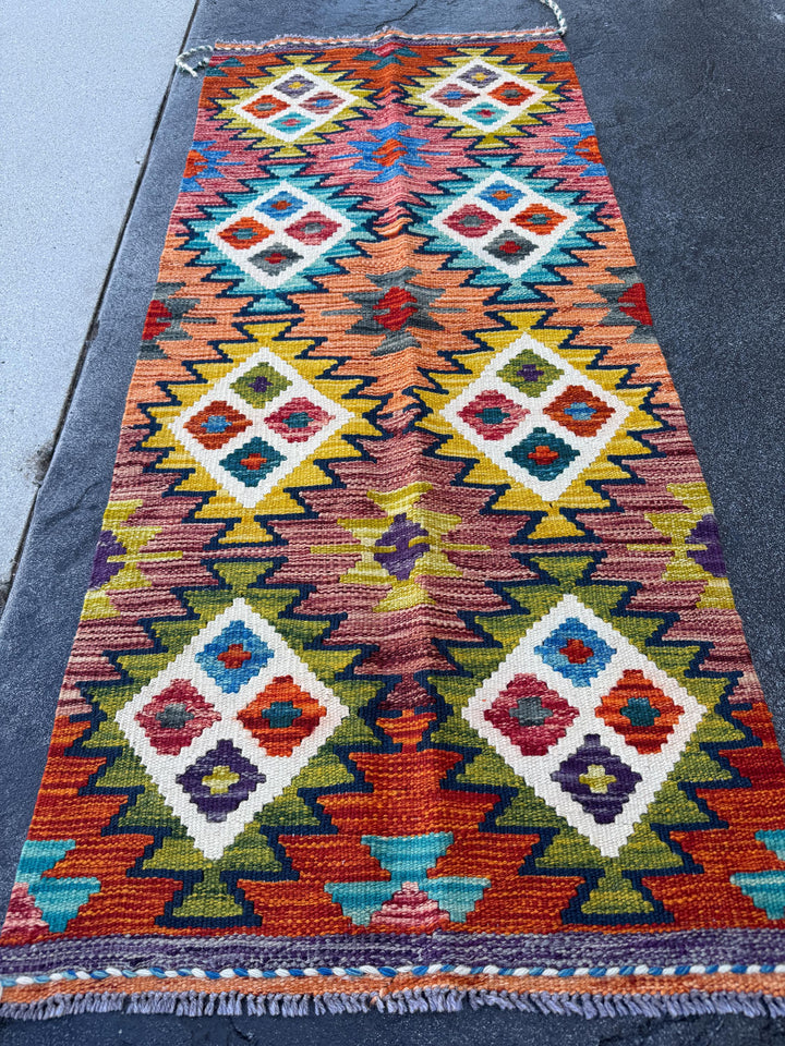 2x5 Handmade Afghan Kilim Runner Rug | Rust Red Burnt Orange Mustard Yellow Olive Green Cream White Teal Aqua Blue Navy Purple Grey | Wool