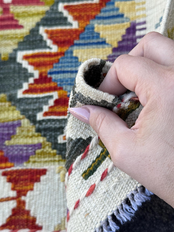3x5 (91x152) Handmade Afghan Kilim Rug | Cream White Forest Green Rust Red Burnt Orange Mustard Yellow Purple Teal Blue Navy Grey | Wool
