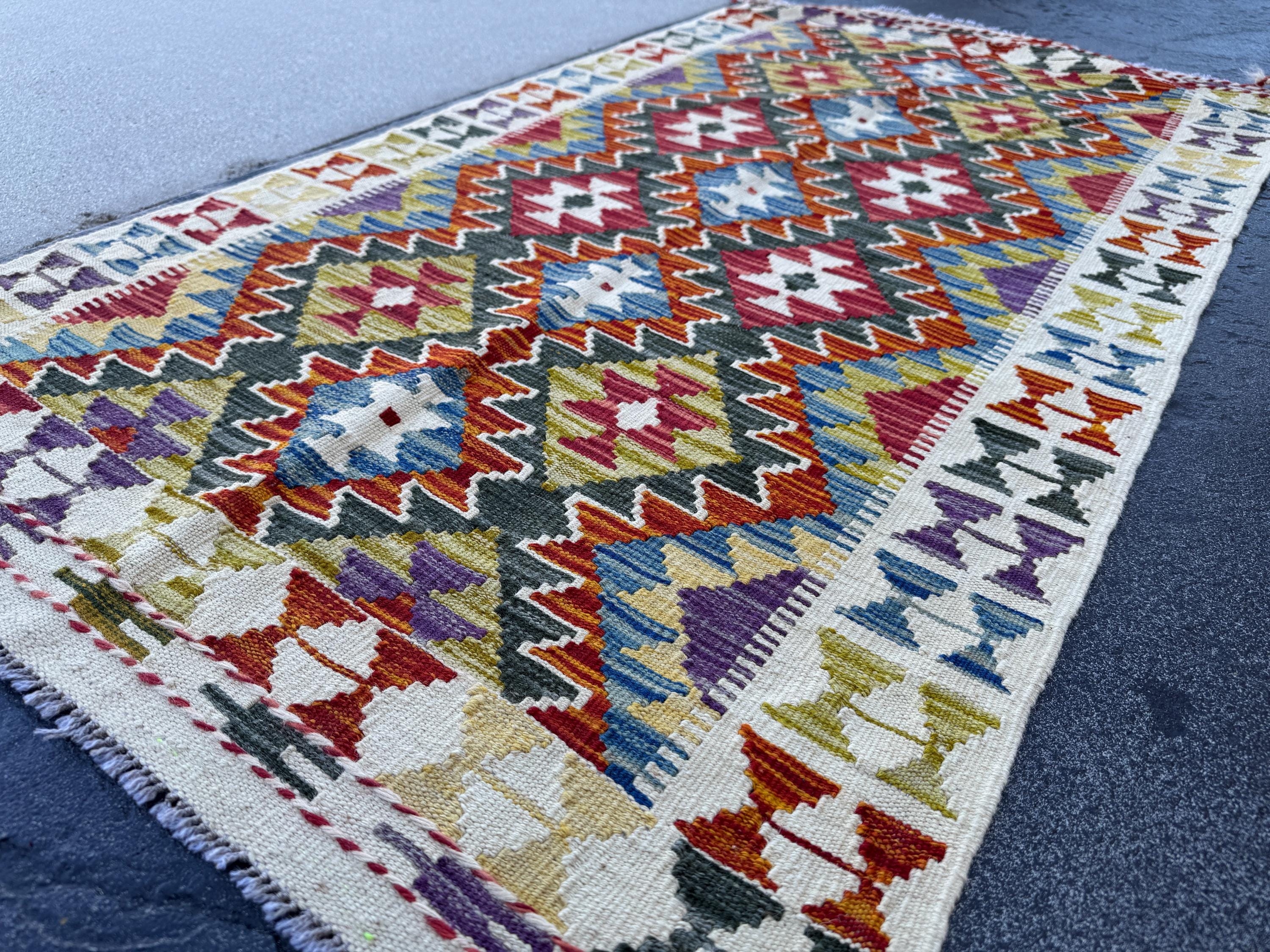 3x5 (91x152) Handmade Afghan Kilim Rug | Cream White Forest Green Rust Red Burnt Orange Mustard Yellow Purple Teal Blue Navy Grey | Wool