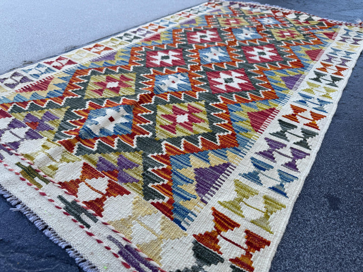 3x5 (91x152) Handmade Afghan Kilim Rug | Cream White Forest Green Rust Red Burnt Orange Mustard Yellow Purple Teal Blue Navy Grey | Wool