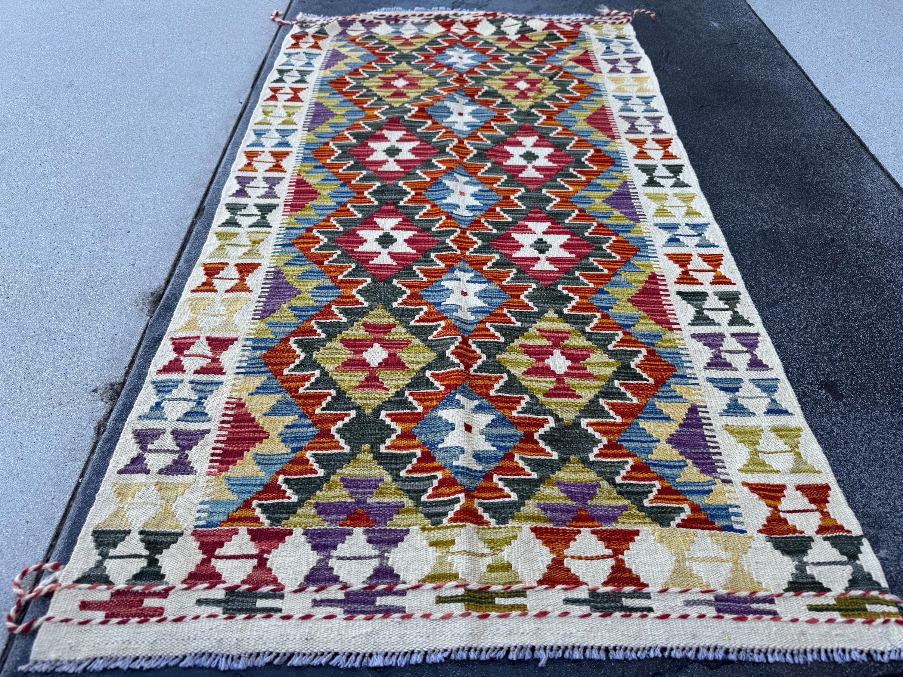 3x5 (91x152) Handmade Afghan Kilim Rug | Cream White Forest Green Rust Red Burnt Orange Mustard Yellow Purple Teal Blue Navy Grey | Wool