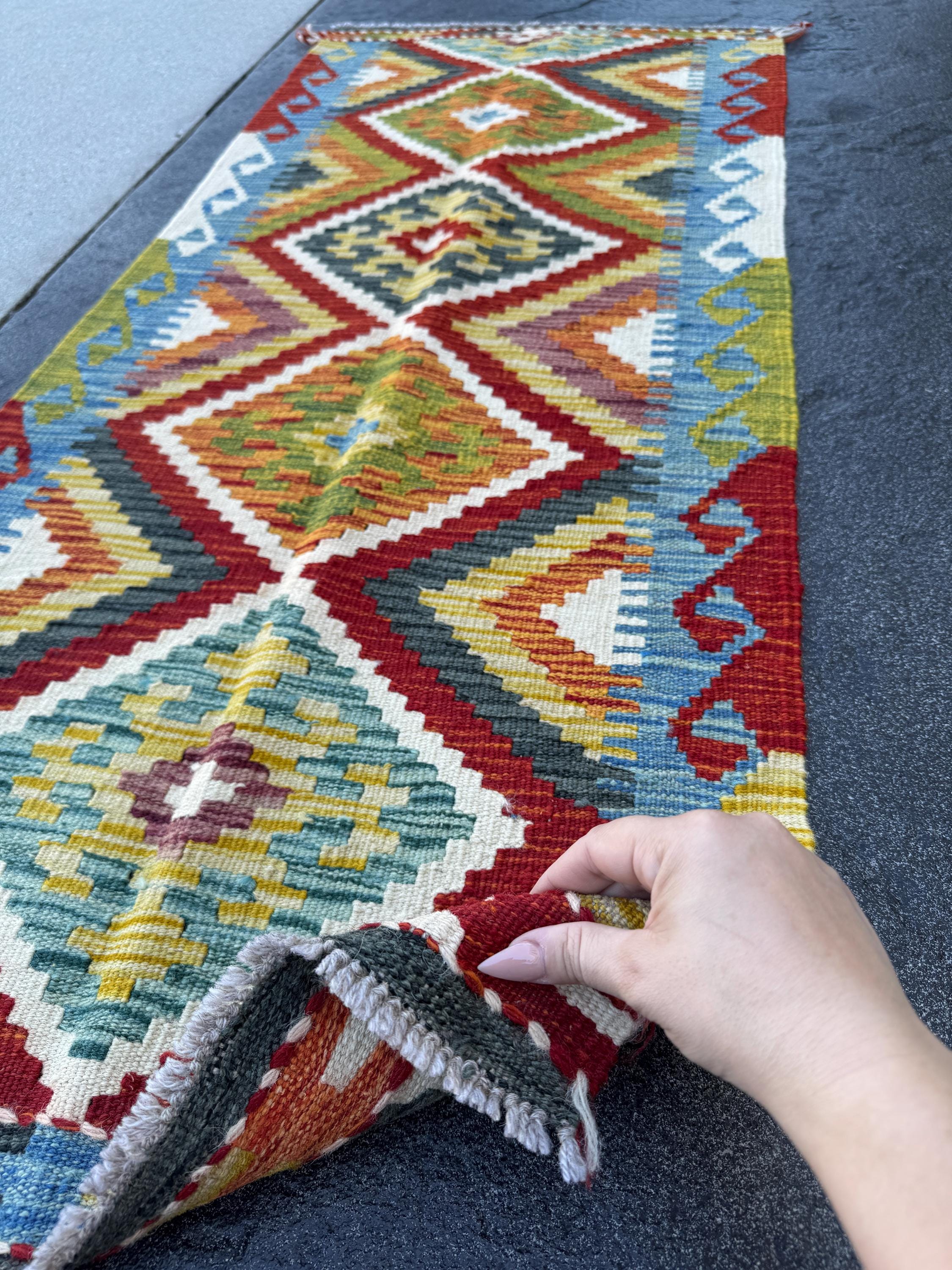 2x5 Handmade Afghan Kilim Runner Rug | Rust Red Burnt Orange Mustard Yellow Olive Green Teal Aqua Blue Cream White Grey | Wool Flatwoven