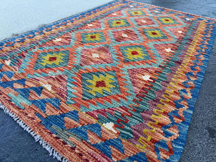 3x4 Handmade Afghan Kilim Rug | Burnt Orange Rust Red Mustard Yellow Aqua Blue Teal Olive Green Purple Cream White Grey | Wool Flatwoven