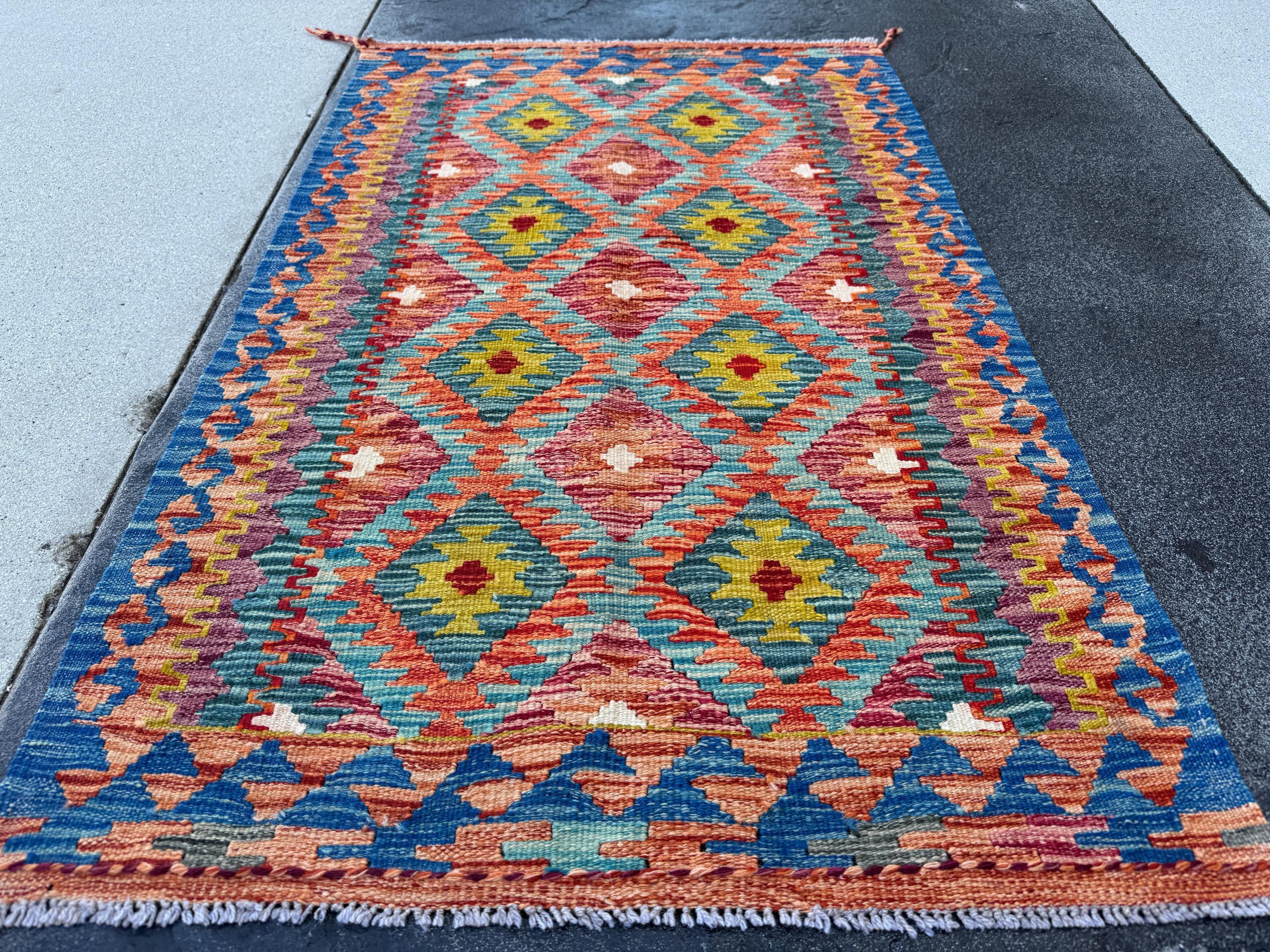 3x4 Handmade Afghan Kilim Rug | Burnt Orange Rust Red Mustard Yellow Aqua Blue Teal Olive Green Purple Cream White Grey | Wool Flatwoven