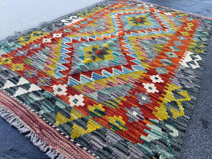 3x4 Handmade Afghan Kilim Rug | Rust Red Burnt Orange Mustard Yellow Olive Green Teal Aqua Blue Cream White Navy Purple Grey | Flatwoven
