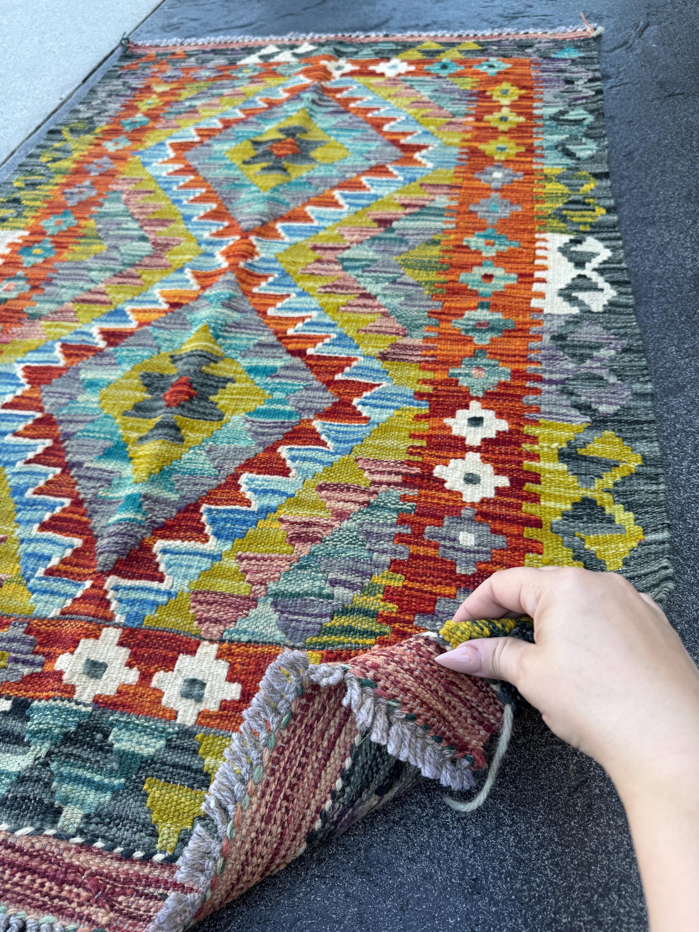 3x4 Handmade Afghan Kilim Rug | Rust Red Burnt Orange Mustard Yellow Olive Green Teal Aqua Blue Cream White Navy Purple Grey | Flatwoven