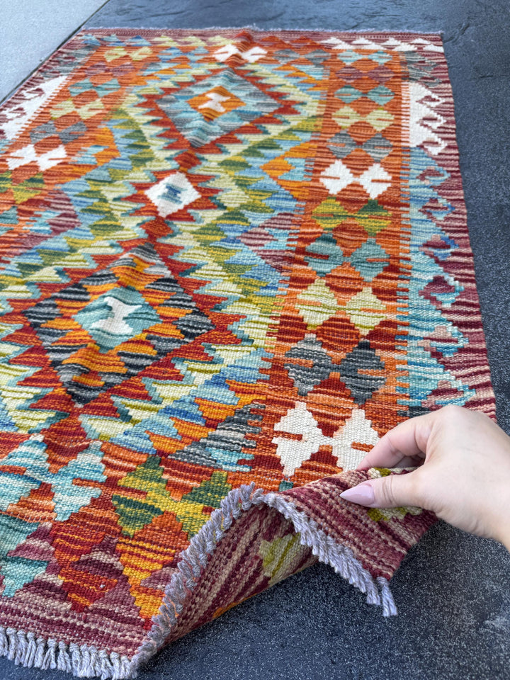 3x4 Handmade Afghan Kilim Rug | Rust Red Burnt Orange Cream White Mustard Yellow Olive Green Teal Aqua Blue Navy Purple Grey | Flatwoven