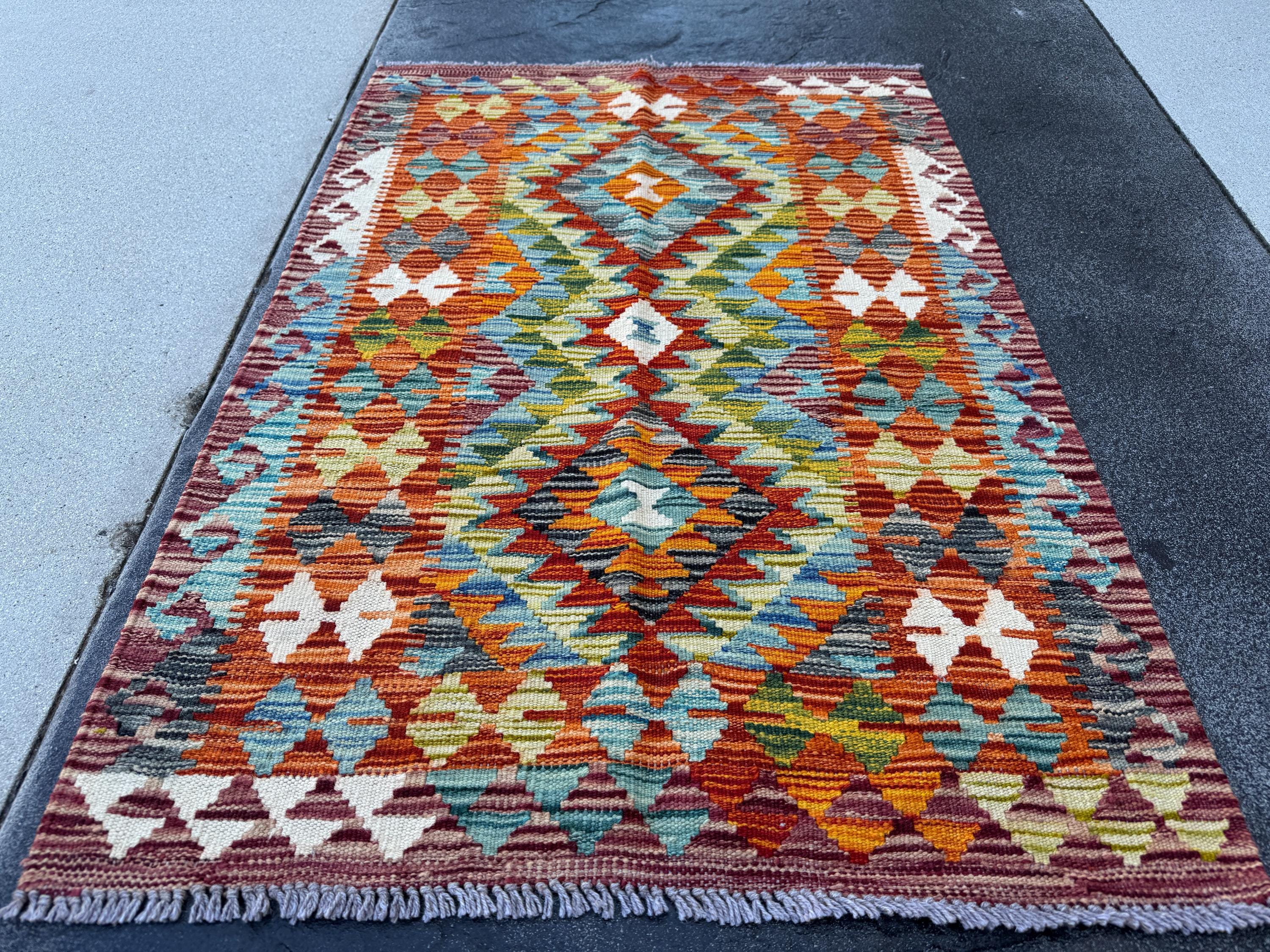 3x4 Handmade Afghan Kilim Rug | Rust Red Burnt Orange Cream White Mustard Yellow Olive Green Teal Aqua Blue Navy Purple Grey | Flatwoven